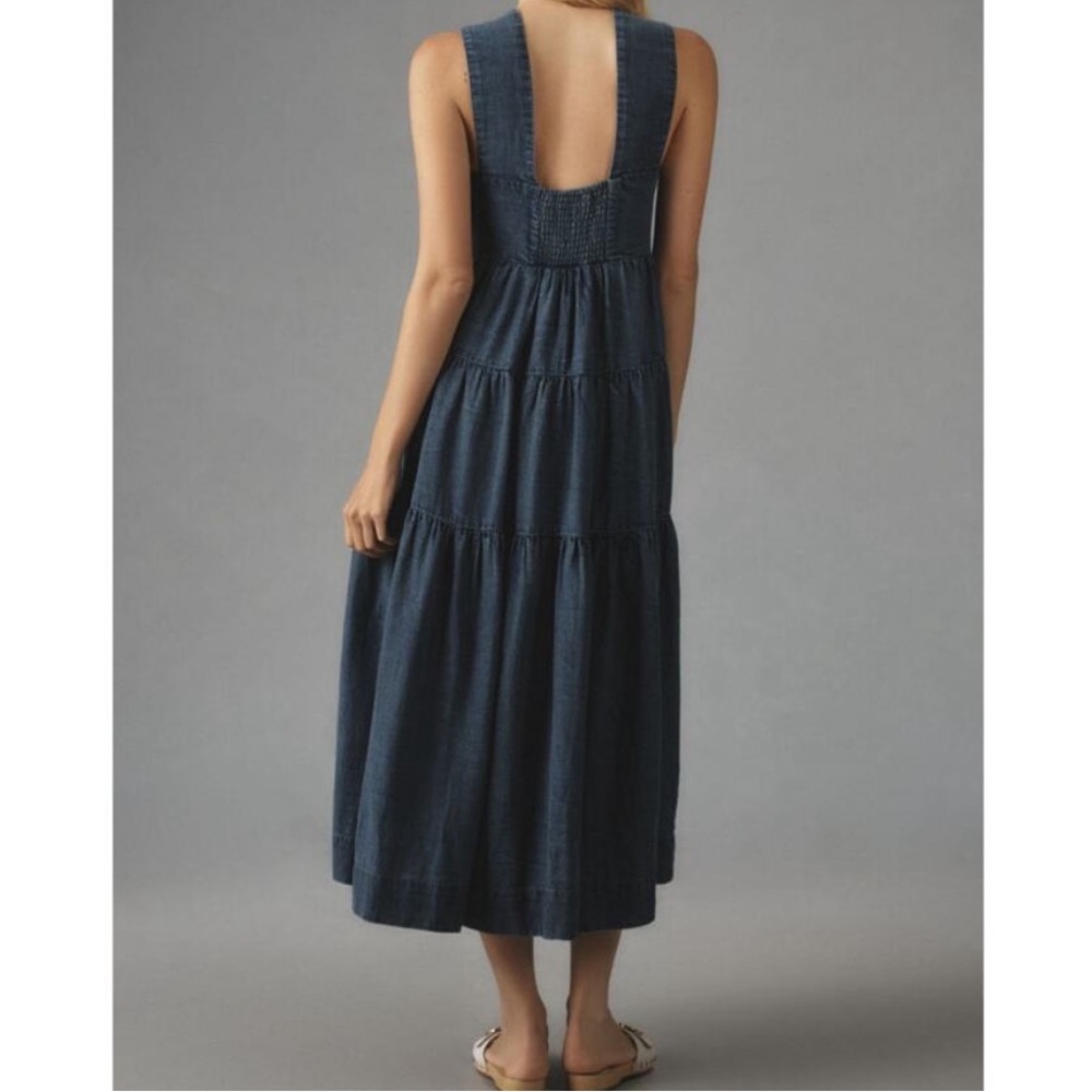 Anthropologie Helena Square Neck Tiered Midi Dress Smocked Denim Blue M - Picture 3 of 15